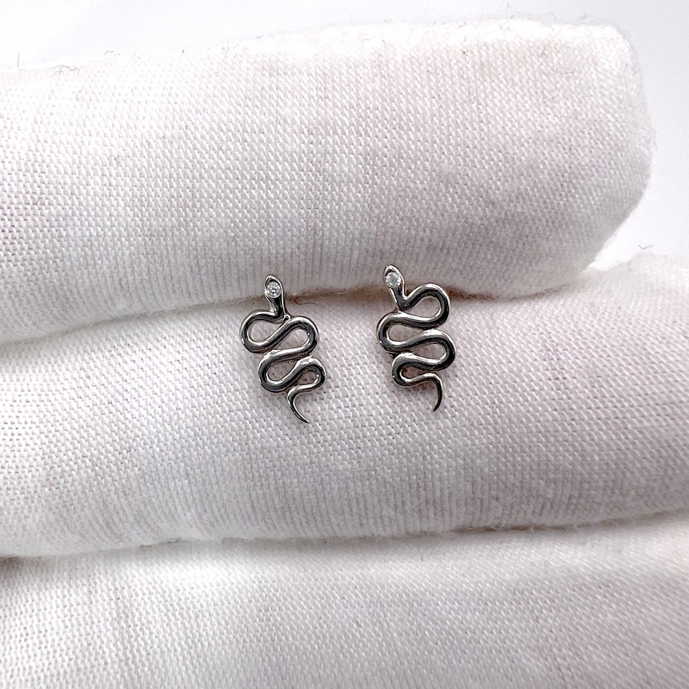 .925 Sterling Silver Snake Earrings with Cz Accent - Picture 2 of 14